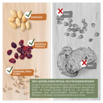Tierfutter-Mischung mit Erdnüssen, Beeren, Sonnenblumenkernen. Warnung: kein Mais oder Brot. Text: "100% NATÜRLICHER SPEZIAL MIX FÜR BODENFRESSER."