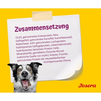 Ein glücklicher Hund hält einen Leckerbissen vor einem gelben Hintergrund, neben einer Notiz auf Deutsch, die Zutaten und Proteinquellen auflistet.