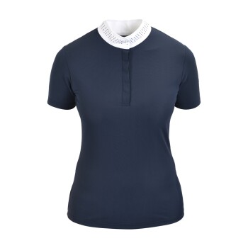 Navyblaues Poloshirt mit kurzen Ärmeln, einem weißen perforierten Kragen und einer geknöpften Leiste.