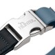 Nahaufnahme einer silbernen Metallschnalle an einem Halsband mit 'HUNTER'-Gravur, schwarzem Lederriemen mit blauer Naht und blauem Band.