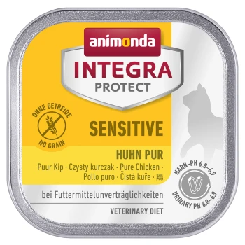 Integra Protect Sensitive 16x100g Huhn pur Dosen-Hundefutter "animonda INTEGRA PROTECT SENSITIVE HUHN PUR" mit gelbem Hintergrund, "No Grain"-Symbol und Tierarzt-Diätinformationen.