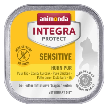 Dosen-Hundefutter "animonda INTEGRA PROTECT SENSITIVE HUHN PUR" mit gelbem Hintergrund, "No Grain"-Symbol und Tierarzt-Diätinformationen.