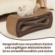Zwei Katzen auf einer braunen, gebogenen Kratzliege mit 'PetRhein'-Logo — grau-weiße Katze liegt ausgestreckt oben, Calico-Katze innen.