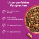 Schüssel mit buntem Trockenfutter und violettes Feld mit der Aufschrift 'Unser perfektes Versprechen' mit deutschen Hinweisen: Protein, Karotten, Erbsen.