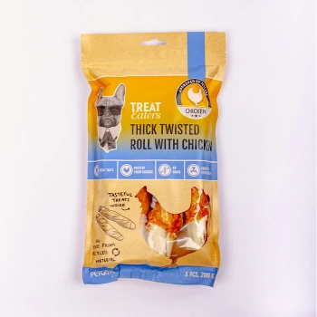 Verpackung für Hundeleckerlis mit 'Dicker gedrehter Rolle mit Huhn', die Protein aus Huhn, kein Getreide und großartigen Geschmack hervorhebt.