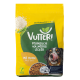 Tüte Vutter! veganes Hundefutter mit Reis und Erbsen, zeigt einen Hund, der sich die Nase leckt, und eine Schüssel mit Trockenfutter.