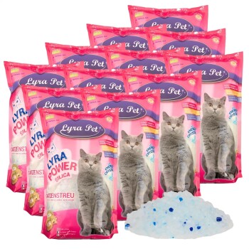 Lyra Pet Power Silica Katzenstreu-Beutel gestapelt mit einem grauen Katzenbild auf der Vorderseite, neben einem Haufen blauer Kristallstreu.
