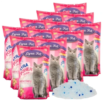 Lyra Pet Power Silica Katzenstreu-Beutel gestapelt mit einem grauen Katzenbild auf der Vorderseite, neben einem Haufen blauer Kristallstreu.