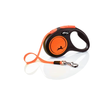 A retractable dog leash with a black handle and an orange tape, featuring a honeycomb pattern and a metal clip for attachment.
