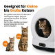 Getigerte Katzen mit weißer automatischer Katzentoilette; sichtbarer deutscher Text ‚Geeignet für kleine bis große Katzen‘ und ‚1 kg‘ / ‚12 kg‘