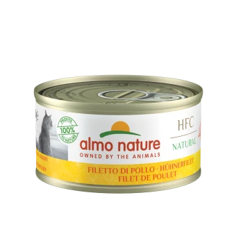 Almo Nature Katzenfutterdose, die "HFC Natural" mit Hühnerfilet zeigt, beschriftet mit "100% zur Natur" und "Besitz der Tiere."
