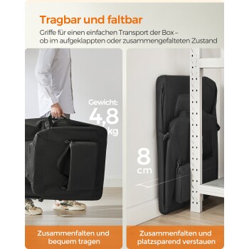 Eine schwarze Haustierbox mit Netzfenstern auf Gras, mit einem ruhenden Hund darin. Text: "Vielseitig einsetzbar" und "Beim Camping oder zu Hause."