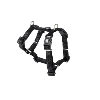 Schwarzes verstellbares Hundegeschirr mit Metallringen und "Max & Molly" Logo auf der Schnalle.