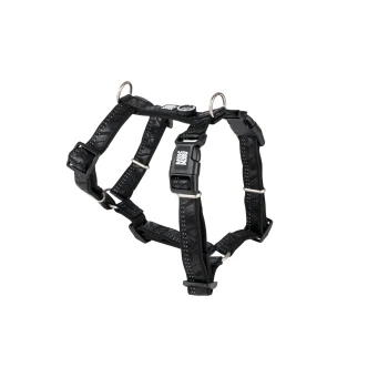 Schwarzes verstellbares Hundegeschirr mit Metallringen und "Max & Molly" Logo auf der Schnalle.