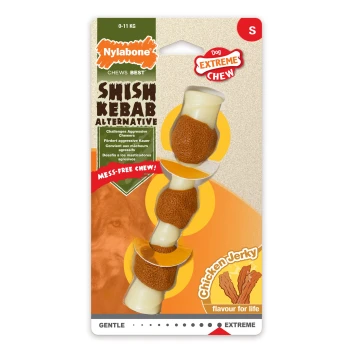 Nylabone Shish Kebab Alternative dog chew toy, featuring chicken jerky flavor, designed for aggressive chewers, mess-free chew.