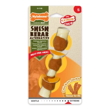 Nylabone Shish Kebab Alternative dog chew toy, featuring chicken jerky flavor, designed for aggressive chewers, mess-free chew.