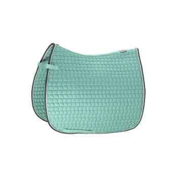 Ein mintgrüner Sattelunterlage mit gestepptem Muster und schwarzem Rand, mit einem kleinen Logoetikett in der oberen rechten Ecke.