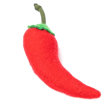 Rotes Filz-Chili-Pfeffer-Haustierspielzeug mit grünem Blatt und braunem Stiel, entworfen für verspielte Haustiere.