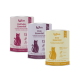 Drei KatKare-Katzensnack-Dosen mit den Aufschriften Perlhuhn, Pute und Ente, mit Katzensilhouette und 'Snack good. Do good. Feel good.'