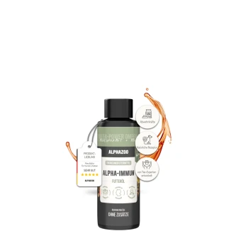 Flasche Alphazoo Alpha-Immun Haustierergänzungsöl mit Etiketten, die Immununterstützung, natürliche Rezeptur und Expertenentwicklung hervorheben.