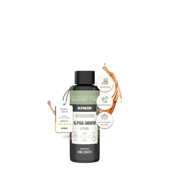 Flasche Alphazoo Alpha-Immun Haustierergänzungsöl mit Etiketten, die Immununterstützung, natürliche Rezeptur und Expertenentwicklung hervorheben.