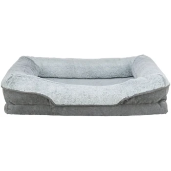 Graues Hundebett mit einem weichen, plüschigen hellgrauen Innenraum und erhöhten Rändern für Komfort.