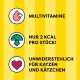 Jasnożółte tło z trzema ikonami i tekstem: "MULTIVITAMINE," "NUR 2 KCAL PRO STÜCK!" oraz "UNWIDERSTEHLICH FÜR KATZEN."