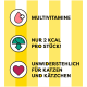 Fond jaune vif avec trois icônes et le texte : "MULTIVITAMINE," "NUR 2 KCAL PRO STÜCK!" et "UNWIDERSTEHLICH FÜR KATZEN."