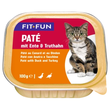 Katzenfutterverpackung mit einer getigerten Katze, beschriftet mit "PATÉ mit Ente & Truthahn" mit Übersetzungen in Französisch und Italienisch, 100g.