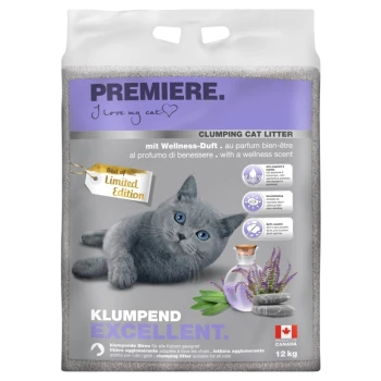 Eine Katzenstreu-Tüte mit einer grauen Katze, beschriftet mit "PREMIERE. Ich liebe meine Katze," mit Wellness-Duft und einem Gewicht von 12 kg.