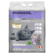 Eine Katzenstreu-Tüte mit einer grauen Katze, beschriftet mit "PREMIERE. Ich liebe meine Katze," mit Wellness-Duft und einem Gewicht von 12 kg.