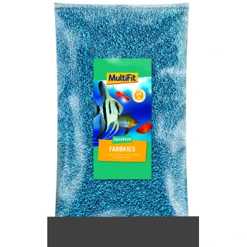 Gravier coloré 2-3 mm 5 kg bleu ciel Un sac transparent de gravier d'aquarium bleu étiqueté "MultiFit FarbKies," avec des images de poissons colorés et un symbole de pH neutre.