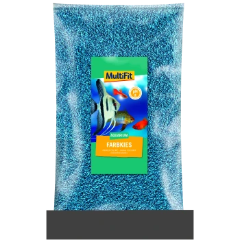 Eine klare Tüte mit blauen Aquarienkies, beschriftet mit "MultiFit FarbKies," mit Bildern von bunten Fischen und einem neutralen pH-Symbol.