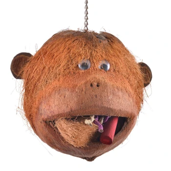 Ein verspieltes, kokosnussförmiges Spielzeug für Haustiere mit einer pelzigen Textur, großen Augen und einem Mund voller kaubare Gegenstände.