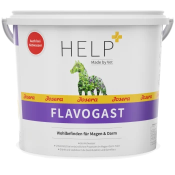 Ein weißer Eimer mit der Aufschrift "FLAVOGAST" von Josera, mit einer grünen Pferdesilhouette aus Pflanzen, die die Verdauungsgesundheit für Haustiere fördert.