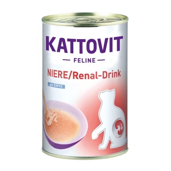 Reins/Renal-Drinkau poulet 12x135ml Canard Canette de boisson rénale Kattovit pour félins, présentant un bol de liquide et une silhouette de chat, étiquetée "NIERE/Renal-Drink mit Ente."