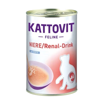 Canette de boisson rénale Kattovit pour félins, présentant un bol de liquide et une silhouette de chat, étiquetée "NIERE/Renal-Drink mit Ente."