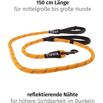 Orangefarbene Hundeleine, 150 cm lang, entworfen für mittelgroße bis große Hunde, mit reflektierenden Nähten für erhöhte Sichtbarkeit im Dunkeln.
