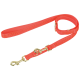 Bright orange nylon dog leash with gold metal clips and embossed "Mou" branding.