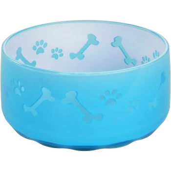 A light blue pet bowl featuring a pattern of paw prints and bones on the interior and exterior surfaces.