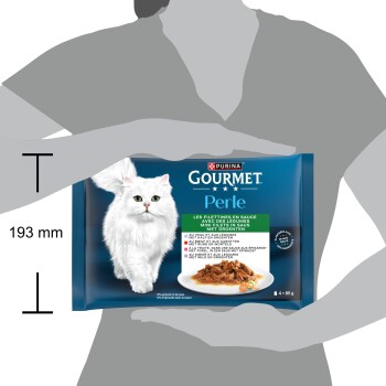 Pack Purina Gourmet Perle aliment humide pour chat, sachet bleu montrant un chat blanc à poil long, assiette de nourriture et étiquette «Gourmet Perle» (4x85 g)
