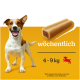 Ein glücklicher Hund steht neben einem Hundeleckerli, mit Text, der "1x wöchentlich" und "4 - 9 kg" angibt, was die empfohlene Verwendung und Gewichtsspanne anzeigt.