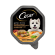 Cesar Garten-Terrine hondenvoer verpakking met een mix van kip, groenten en rijst, met levendige voedselafbeeldingen en tekst in het Duits.