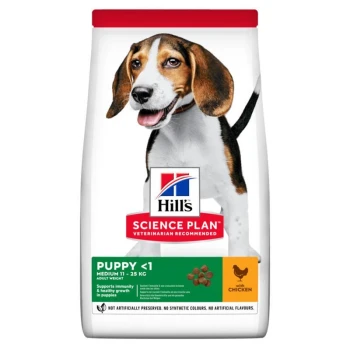 Hill's Science Plan Welpenfuttertasche, die einen Beagle-Welpen zeigt, gekennzeichnet für mittelgroße Welpen unter 1 Jahr, mit Huhn und Gesundheitsvorteilen.