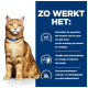 Een zittende oranje tabby kat met een blauwe halsband, naast tekst die de voordelen van een huisdierproduct beschrijft, inclusief pH-balans en omega-3.