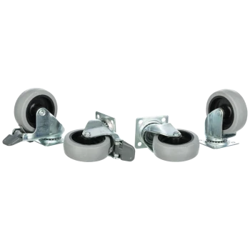 Set aus vier grauen Drehrollen mit Metallhalterungen, entworfen für einfache Mobilität und Stabilität.
