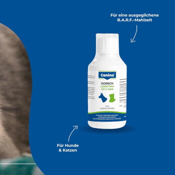 Canina-Flasche mit Aufschrift 'Dorsch Lebertran 100% rein' für Hunde & Katzen vor blauem Hintergrund; sichtbarer Text 'Für eine ausgeglichene B.A.R.F.-Mahlzeit'.