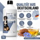 Collage einer Person mit einer flauschigen Katze, einem Hund und einer Frau mit einem Pferd, mit "NATURPRODUKTE" und einem deutschen Slogan.