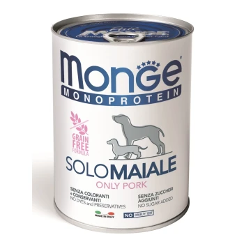 Dose mit Monge Monoprotein Hundefutter, beschriftet "Solo Maiale - Nur Schwein", mit einer getreidefreien Formel, ohne Farbstoffe oder Konservierungsstoffe und ohne Zuckerzusatz.