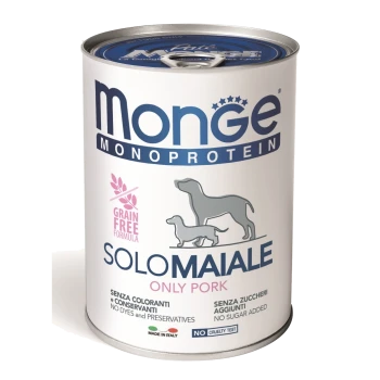 Dose mit Monge Monoprotein Hundefutter, beschriftet "Solo Maiale - Nur Schwein", mit einer getreidefreien Formel, ohne Farbstoffe oder Konservierungsstoffe und ohne Zuckerzusatz.
